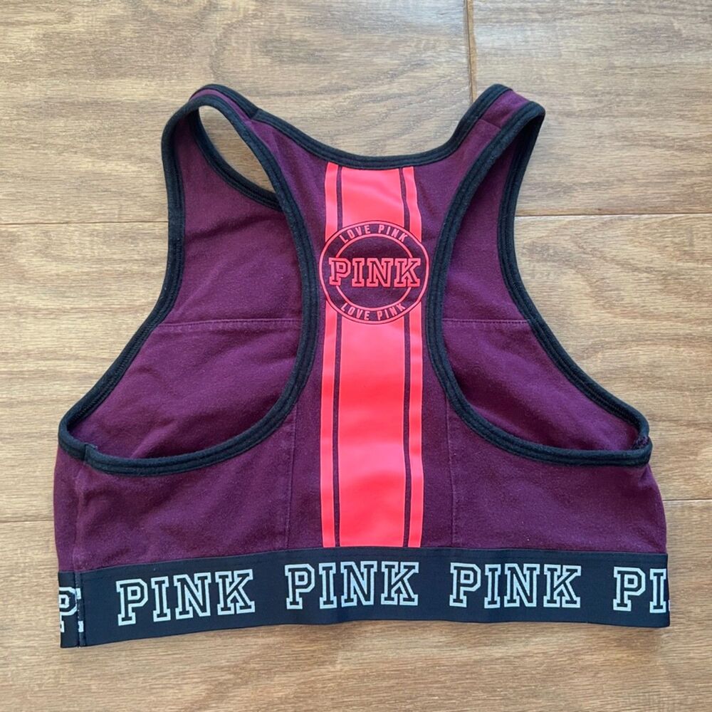 PINK Victoria's Secret Sports Bra Size S Burgundy Red Crop Stripe Spell Out